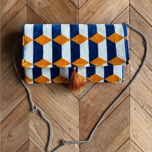 Geometric Velvet Crossbody Clutch - Blue, White & Gold
